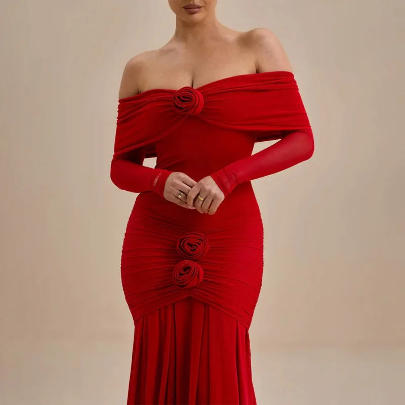 Off Shoulder Long Sleeve Rosette Mermaid Gown - View 5