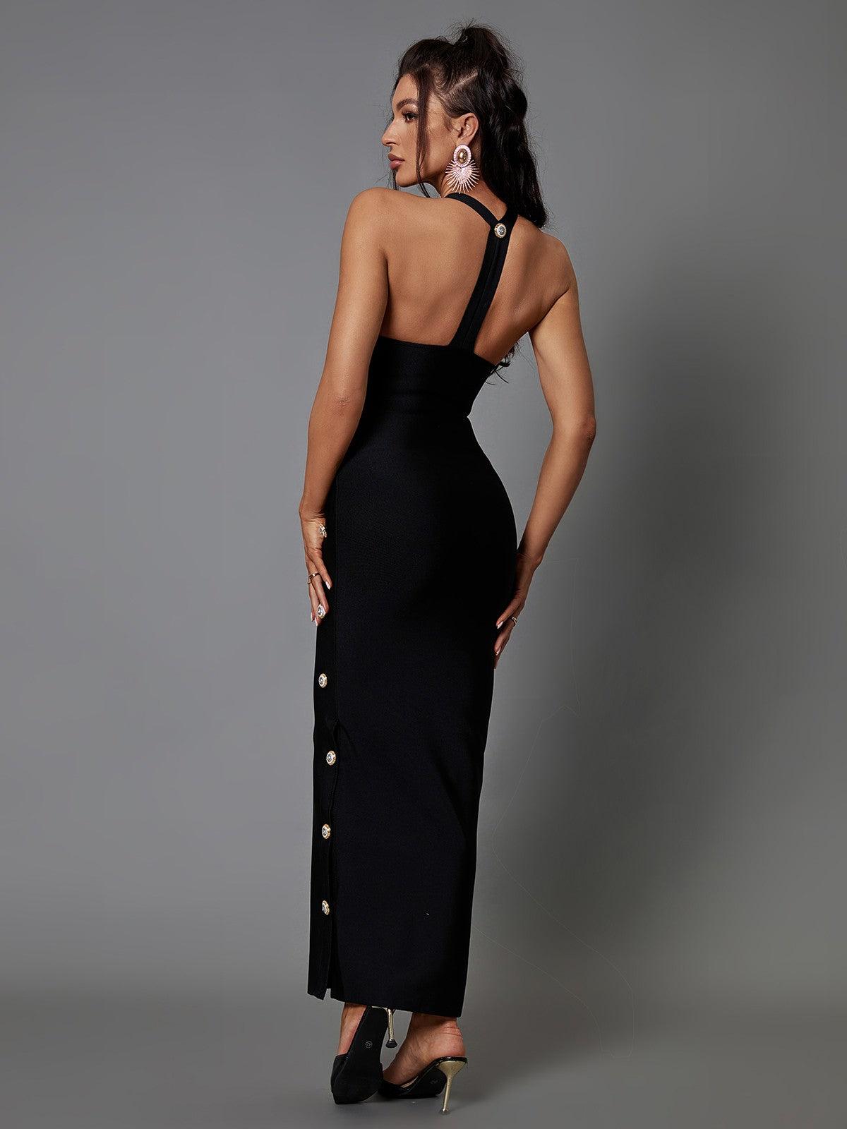 Halter Neck Button Embellished Bandage Maxi Dress - View 5