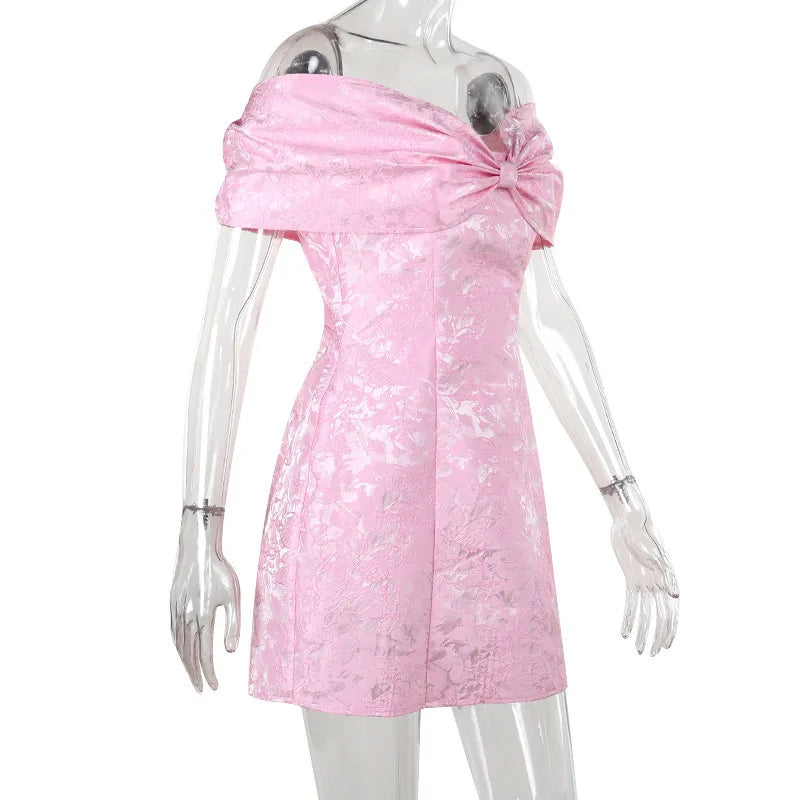 Bow Off Shoulder Backless A - line Jacquard Party Dress - View 13