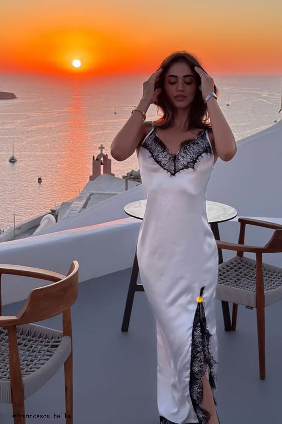 Satin Lace Trim Spaghetti Strap Deep V-Neck High Split Slip Maxi Dress - View 9