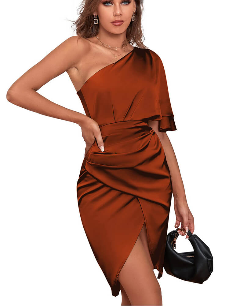 Satin One Shoulder Ruched Wrap Front High Split Bodycon Midi Dress - View 3