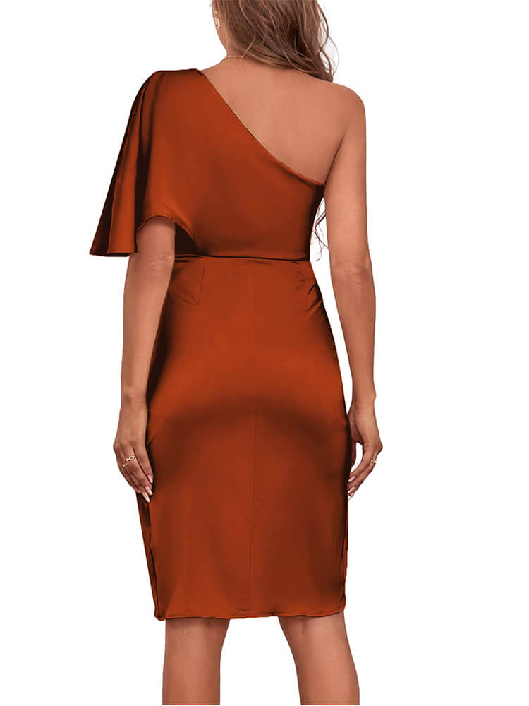 Satin One Shoulder Ruched Wrap Front High Split Bodycon Midi Dress - View 2