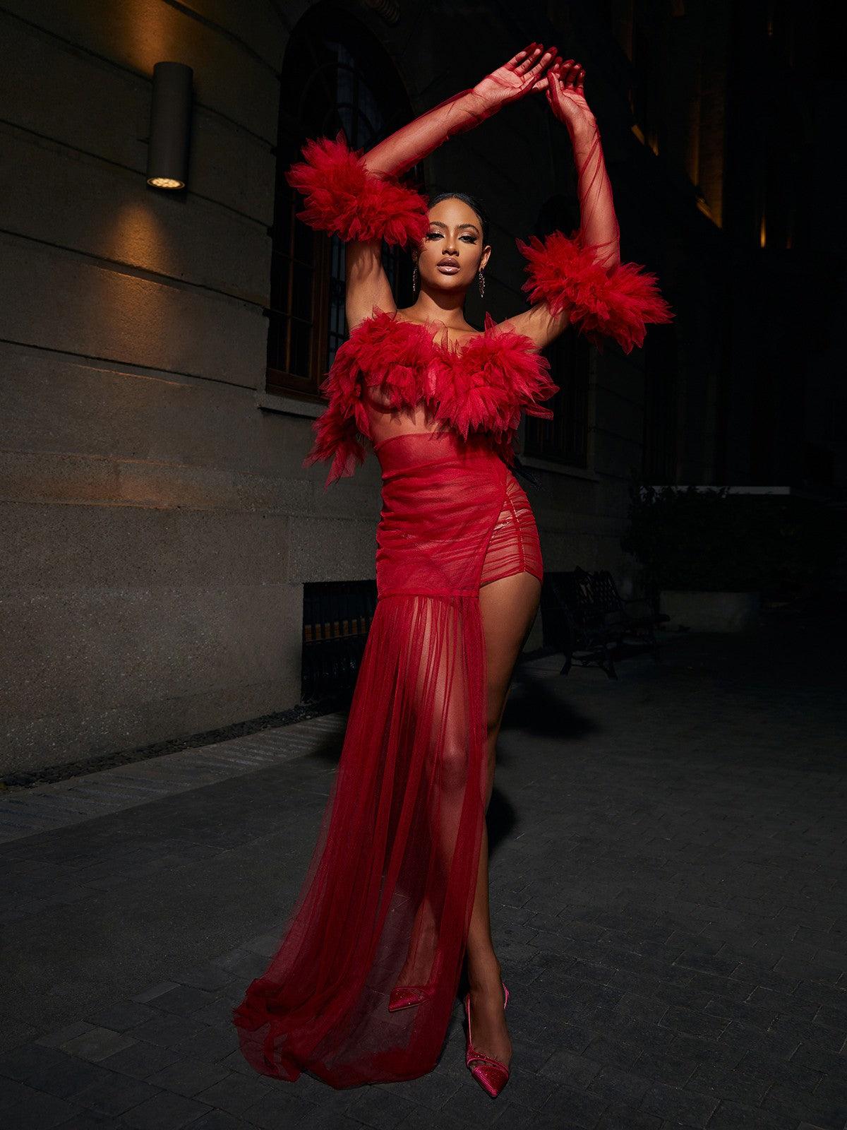 Satine Spaghetti Tulle Maxi Dress With Gloves - View 2