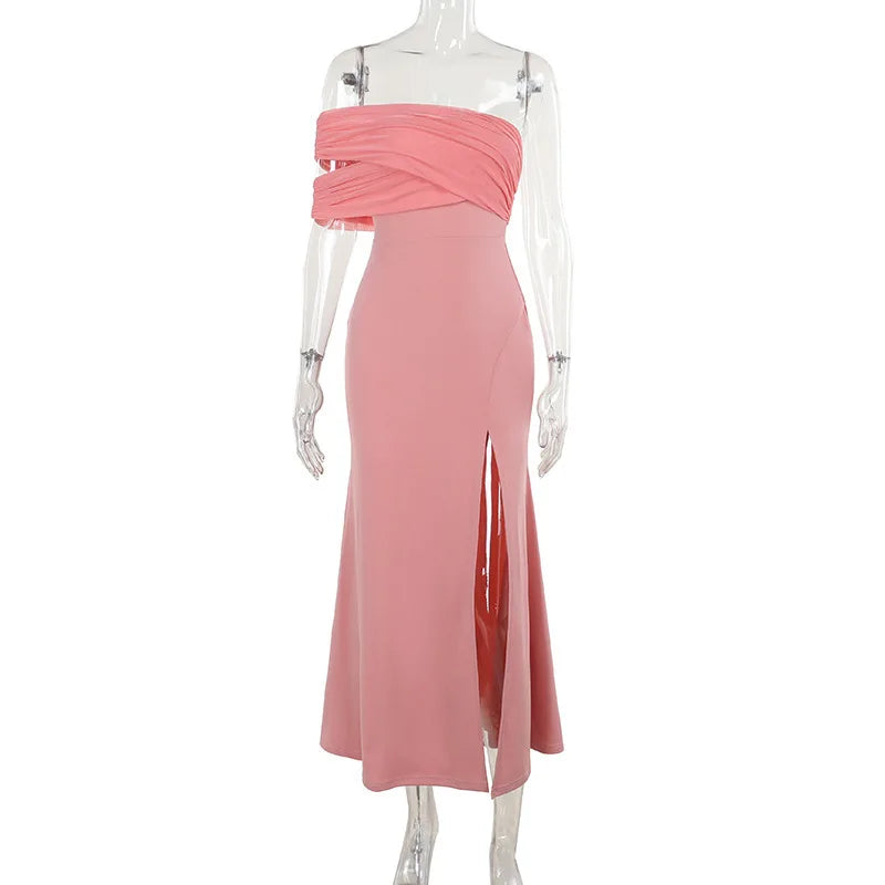 Solid One Shoulder Mesh Slit Long Dress - View 13