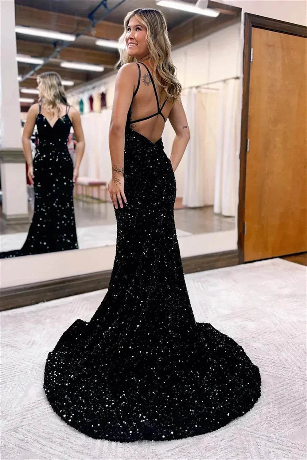 Sequin V-Neck Sleeveless Backless Bodycon Maxi Party Dress - View 2
