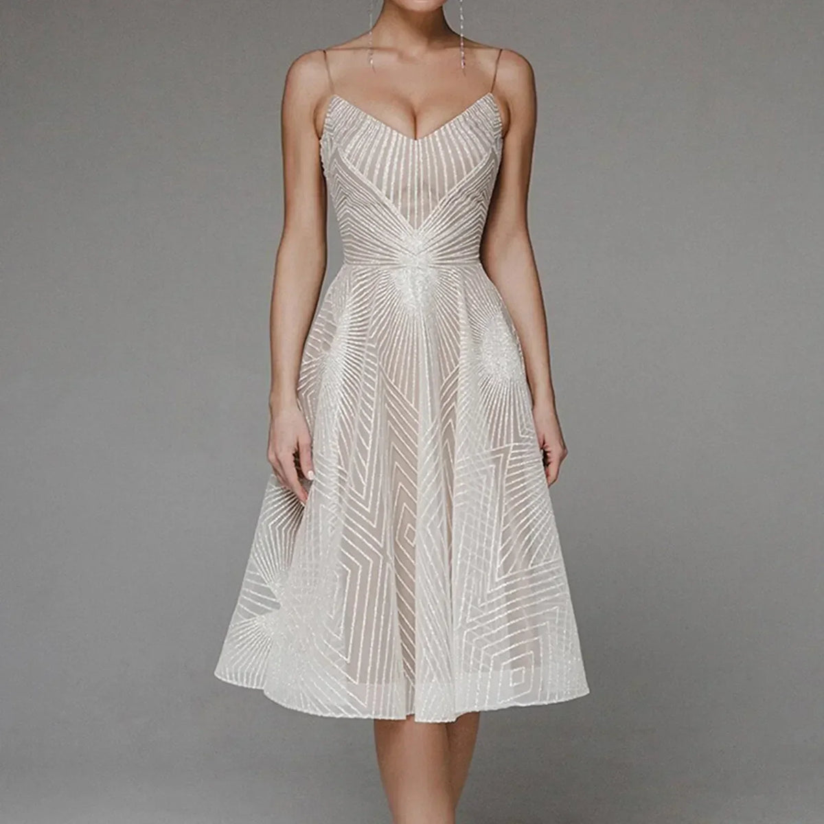 Sequin Geometric Spaghetti Strap A-Line Cocktail Midi Dress