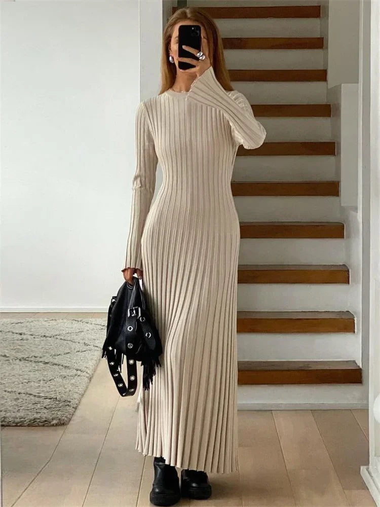 Ribbed Knit Mock Neck Bell Sleeve Bodycon Maxi Dress