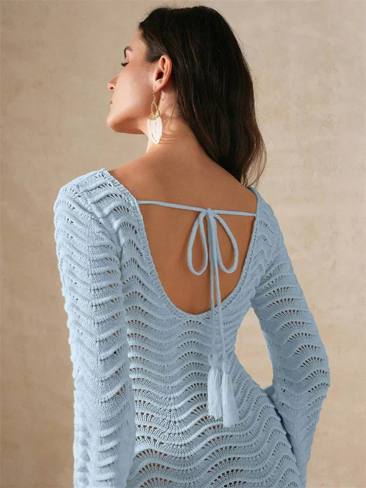 Open Knit Bell Sleeve Keyhole Metal Bar Back Tie Maxi Dress - View 4