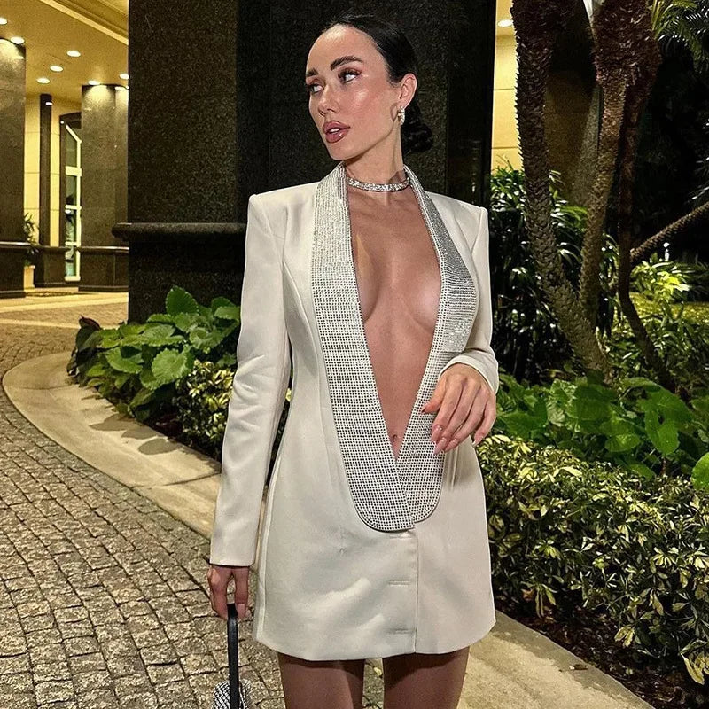 Sequin Rhinestone Lapel Deep V-Neck Padded Shoulder Blazer Mini Dress