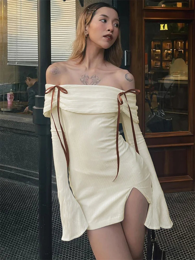 Knit Off Shoulder Long Sleeve High Split Bodycon Mini Dress - View 2