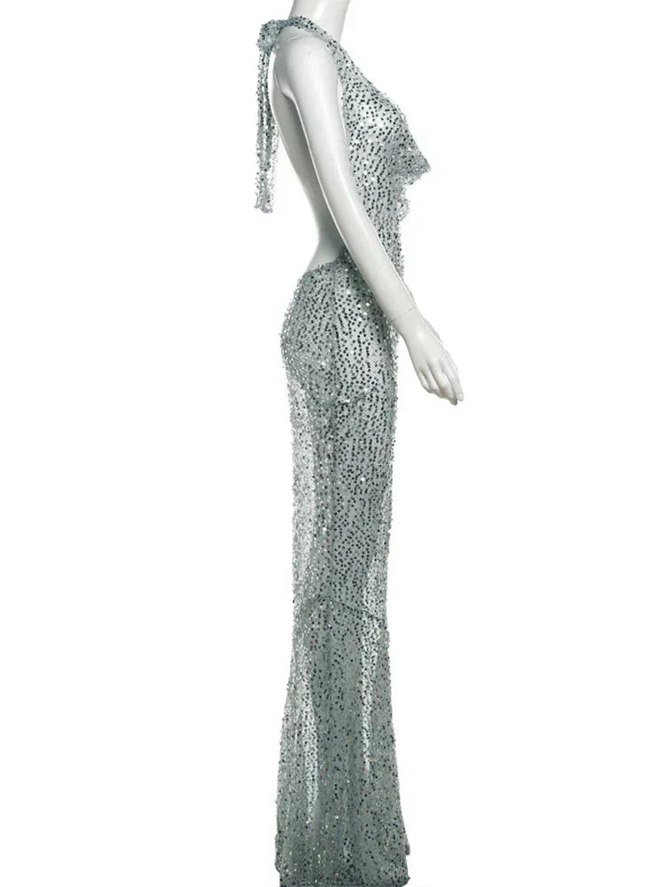 Sequin Halter Neck Deep V-Neck Backless Mermaid Maxi Dress - View 13