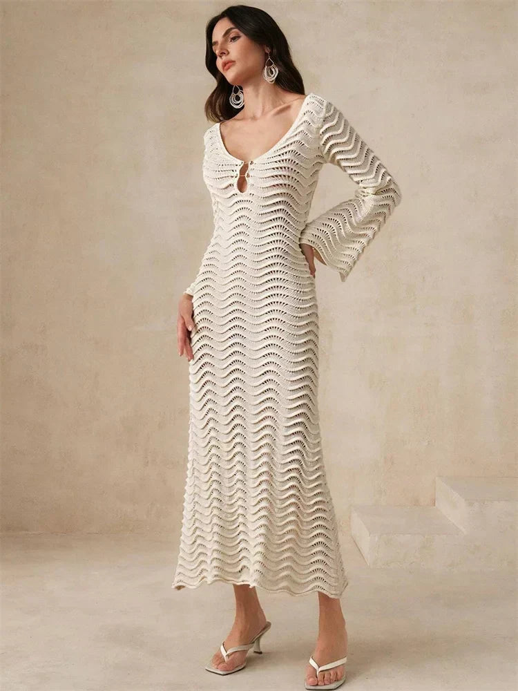 Open Knit Bell Sleeve Keyhole Metal Bar Back Tie Maxi Dress - View 2