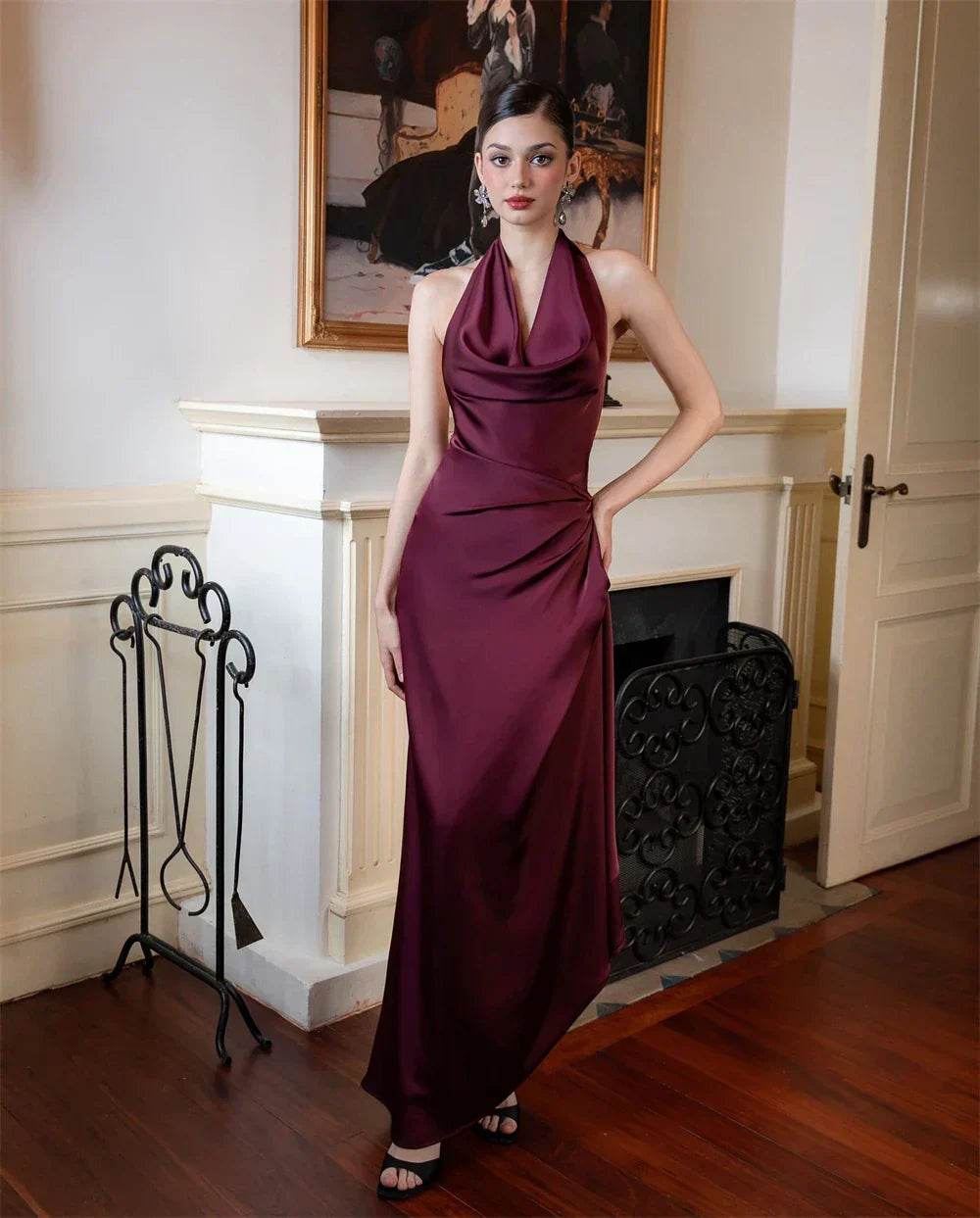 Burgundy Satin Halter Sleeveless Silk Dress