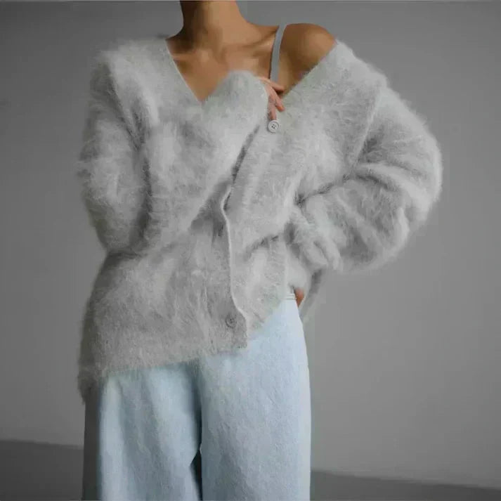 V-Neck Button Front Fuzzy Knit Oversized Cardigan 4