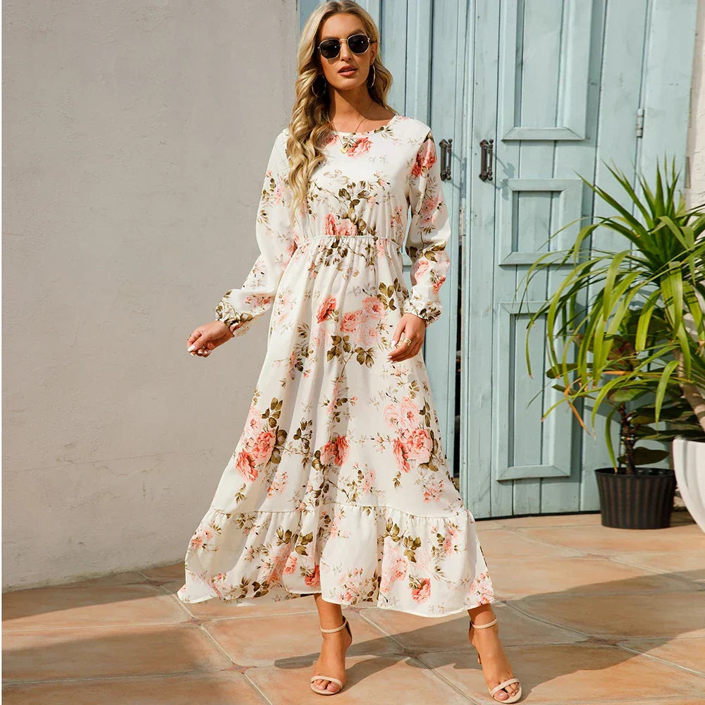 Floral Long Sleeve Tiered Ruffle Boho Maxi Dress - View 3