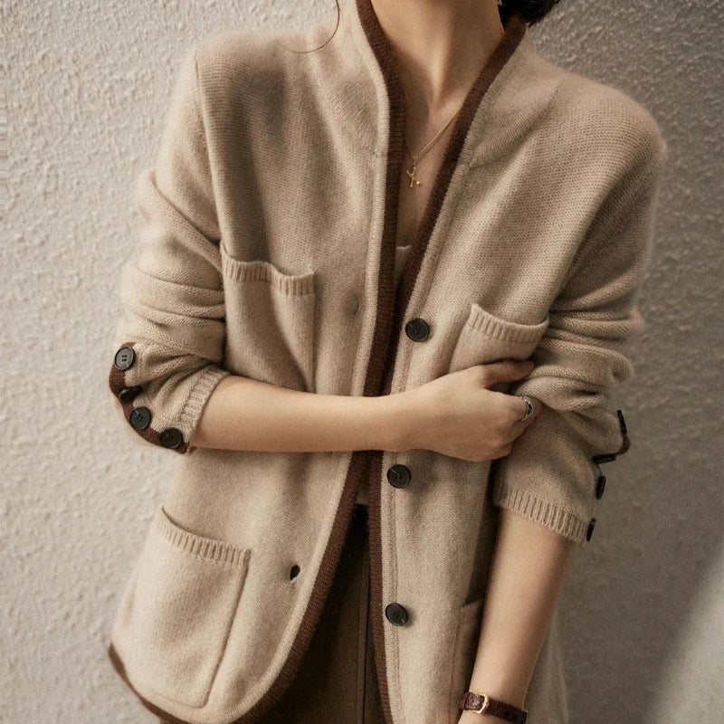 Stand Collar Contrast Trim Button Front Knit Cardigan 15