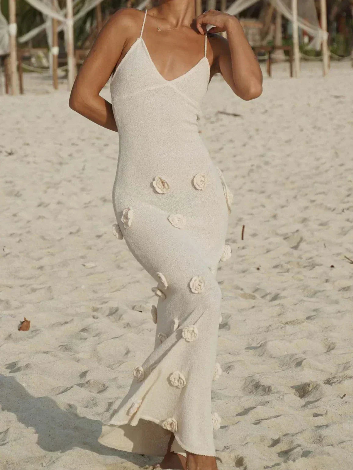 Knit V-Neck Spaghetti Strap Floral Applique Mermaid Maxi Dress - View 14