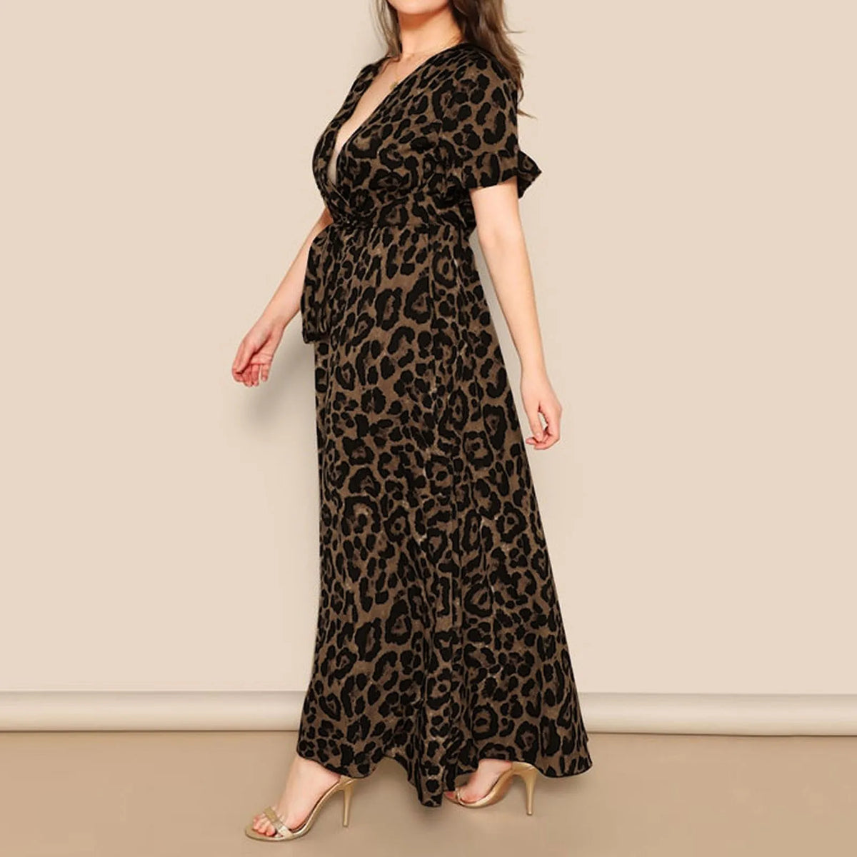 Leopard Deep V-Neck Short Sleeve Wrap A-Line Maxi Dress