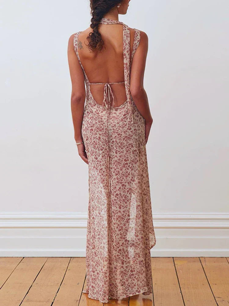 Halter Neck Tie Back Backless Floral Chiffon Maxi Dress - View 2