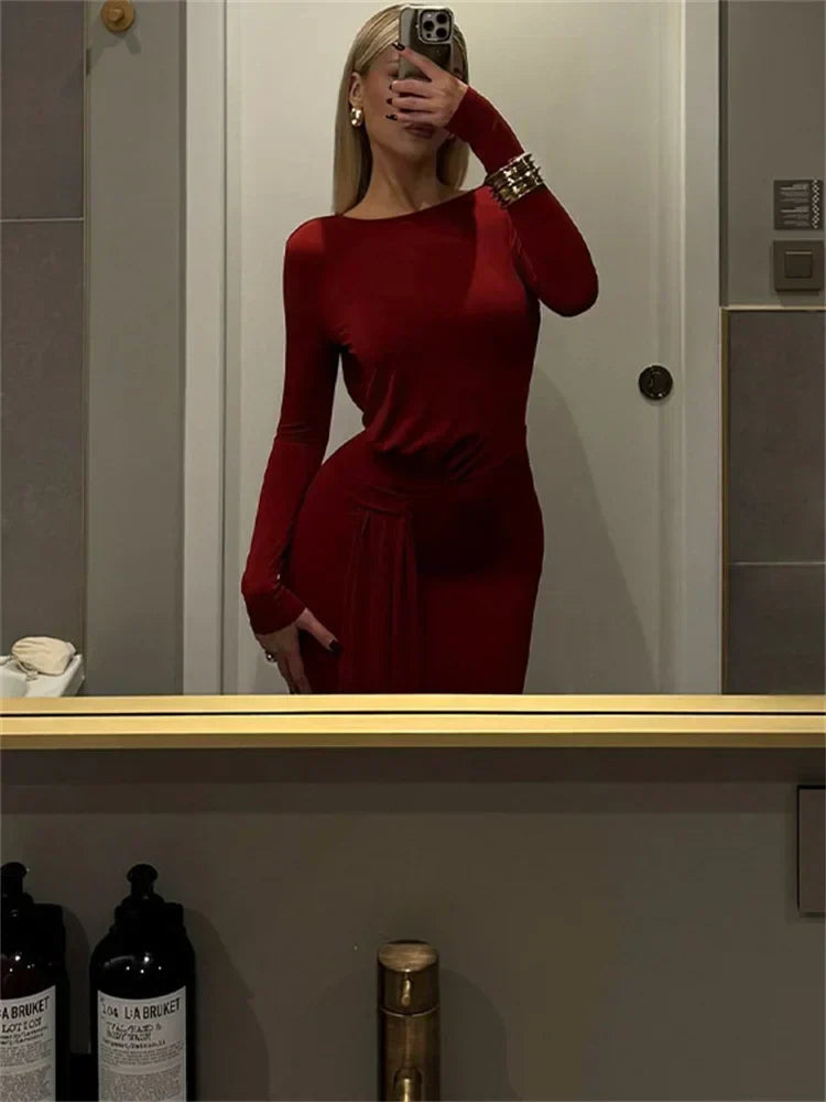 Red Lace - Up Pleated Long Sleeve Maxi Dress - View 2