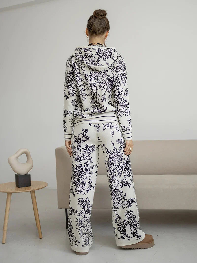 Hooded Zip Front Floral Knit Cardigan and Wide Leg Pants Two Piece Set 3