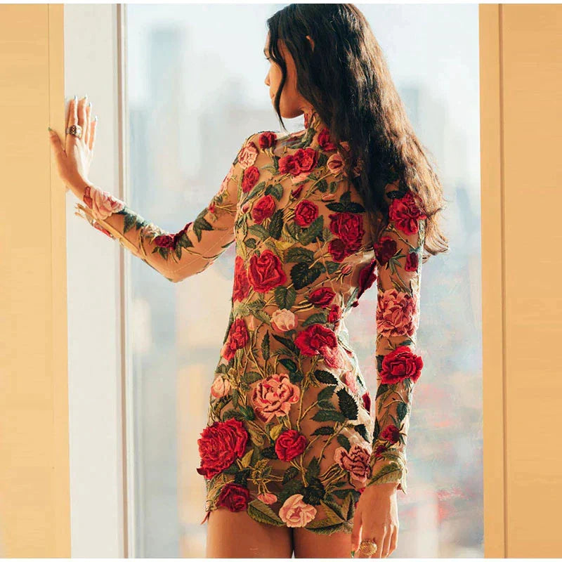 Floral Embroidery Mesh Long Sleeve Mock Neck Bodycon Mini Dress - View 3