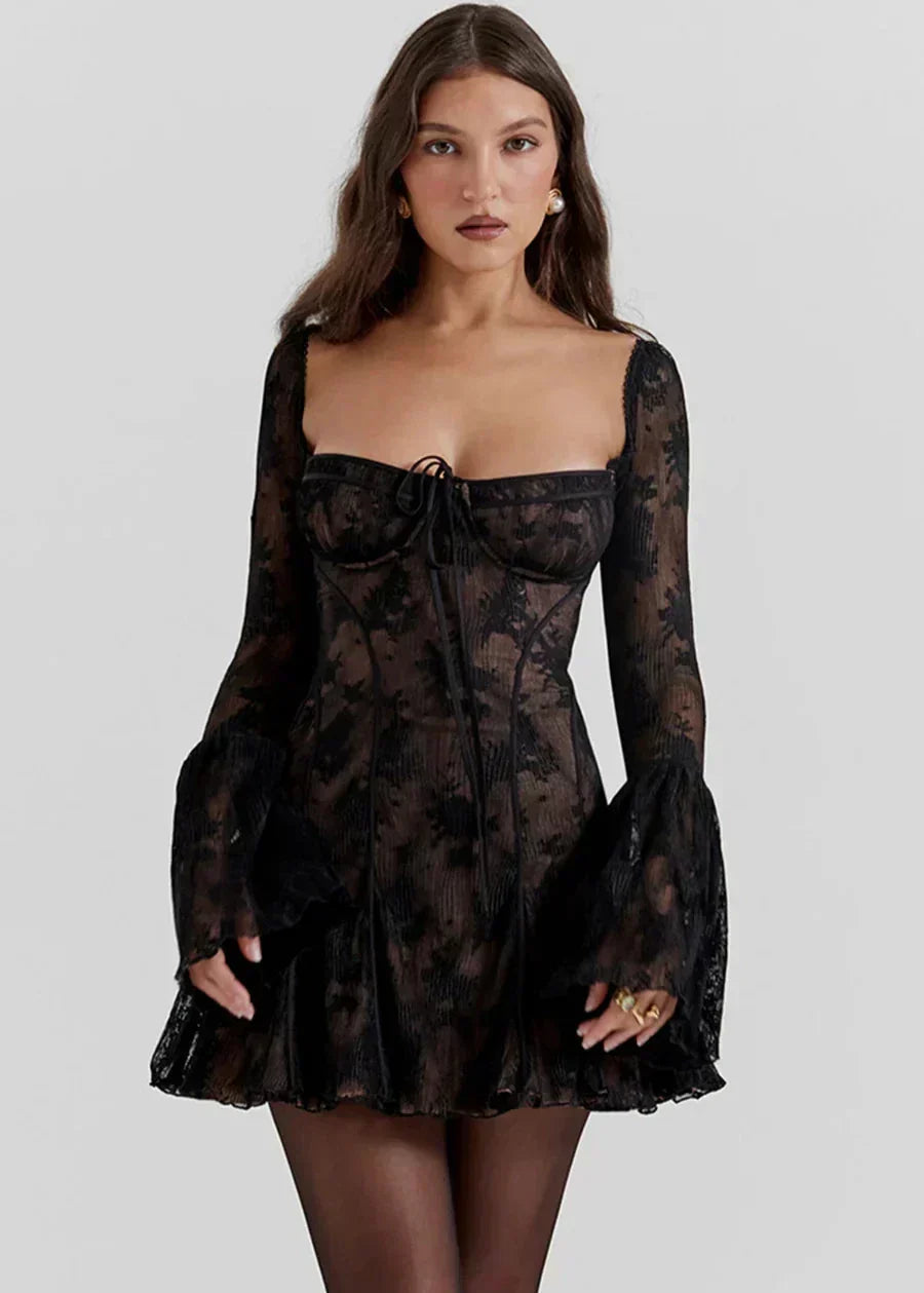 Self Tie Lace Long Sleeve Dress Vibrant Red - View 6
