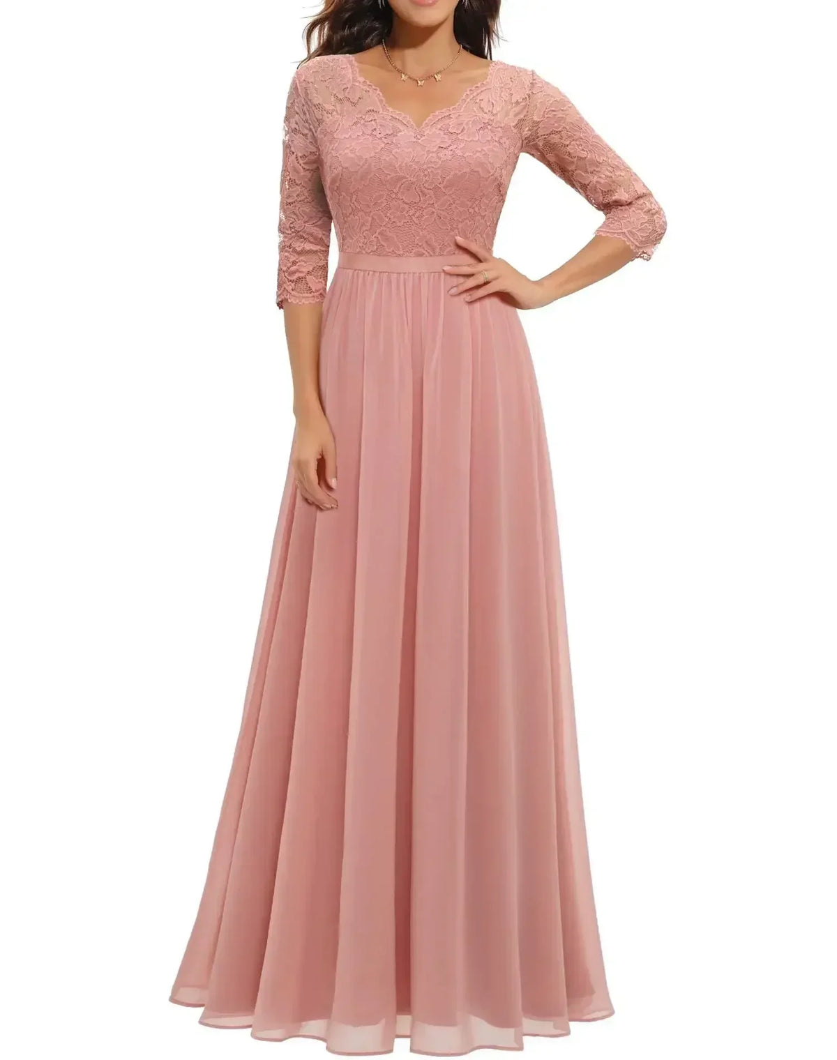 Lace V-Neck Chiffon A-Line Maxi Dress 4