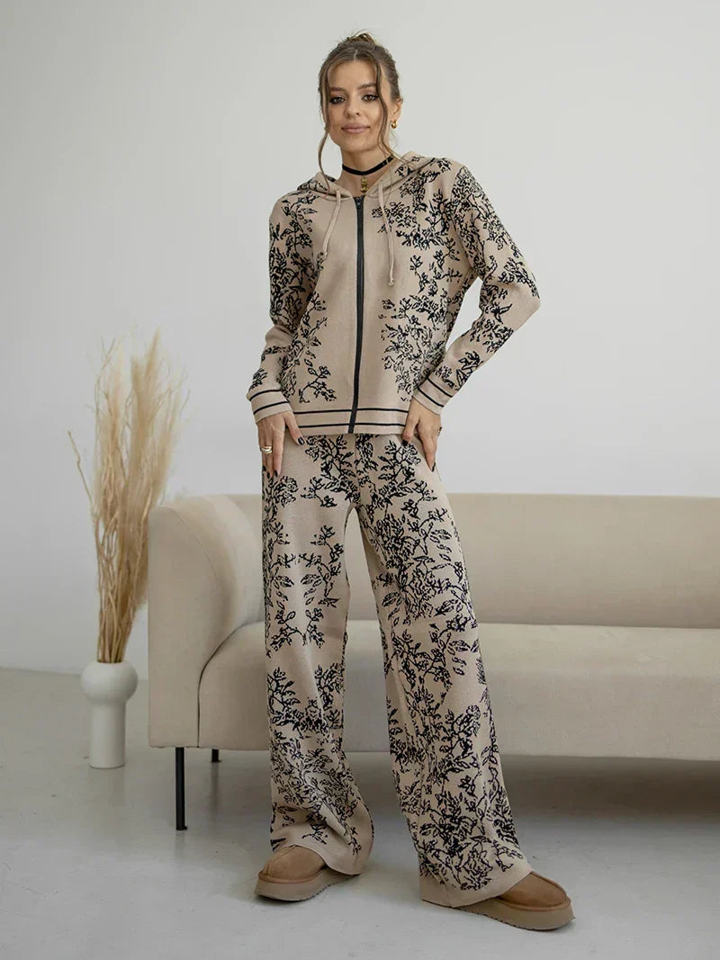 Hooded Zip Front Floral Knit Cardigan and Wide Leg Pants Two Piece Set 9