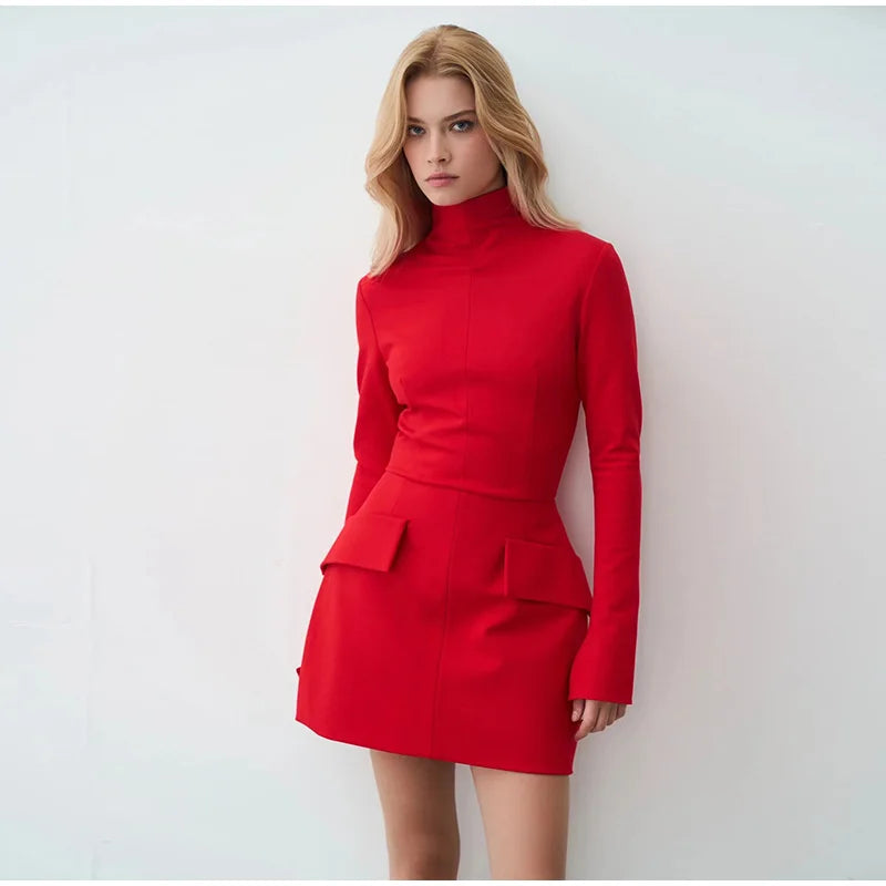 Mock Neck Long Sleeve Peplum Hem Bodycon Mini Dress - View 3