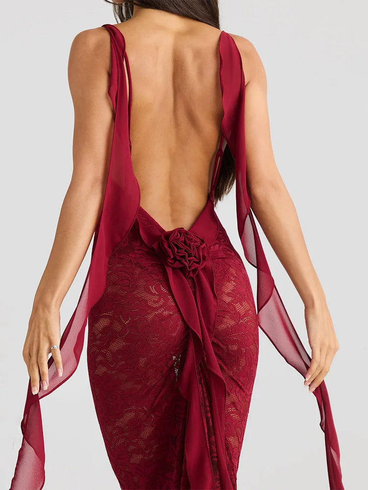 Floral Lace Backless Open Back Rosette Draped Train Maxi Gown - View 9
