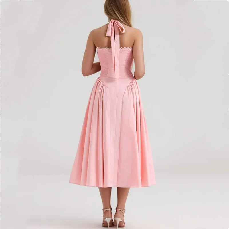 Halter Neck Corset Fit and Flare A-Line Midi Dress - View 8