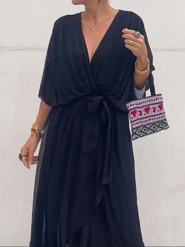 Pleated Chiffon Wrap V-Neck Kimono Sleeve Tie Waist Ruffle Maxi Dress - View 4