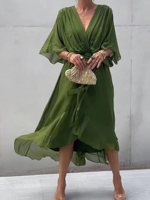 Pleated Chiffon Wrap V-Neck Kimono Sleeve Tie Waist Ruffle Maxi Dress - View 2