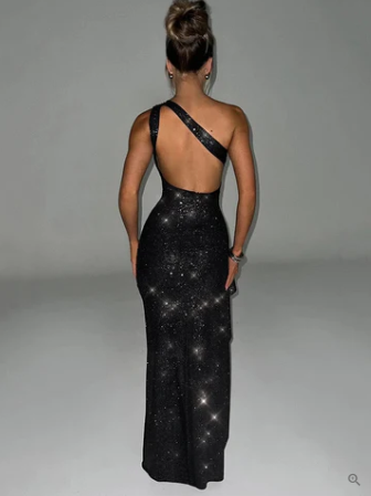 Glitter Sequin One Shoulder Backless Mermaid Maxi Gown