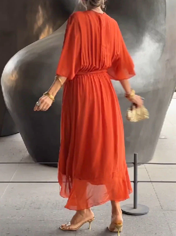 Pleated Chiffon Wrap V-Neck Kimono Sleeve Tie Waist Ruffle Maxi Dress - View 14