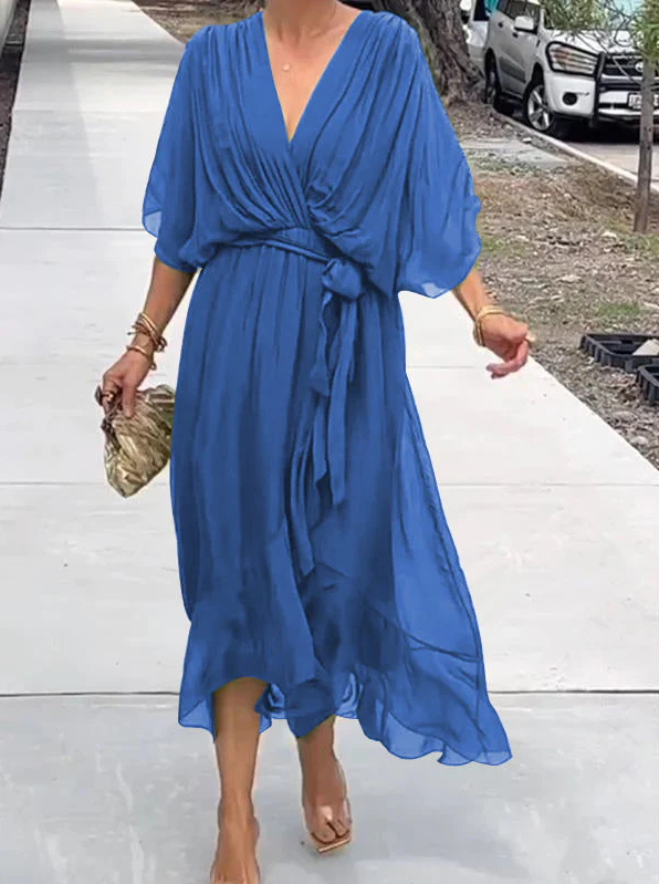 Pleated Chiffon Wrap V-Neck Kimono Sleeve Tie Waist Ruffle Maxi Dress - View 7