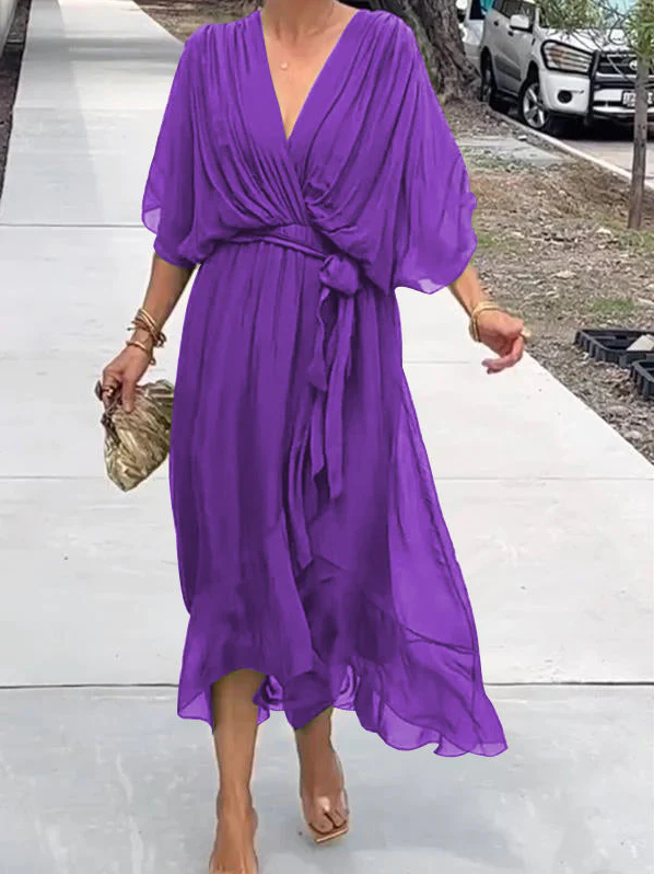 Pleated Chiffon Wrap V-Neck Kimono Sleeve Tie Waist Ruffle Maxi Dress - View 8