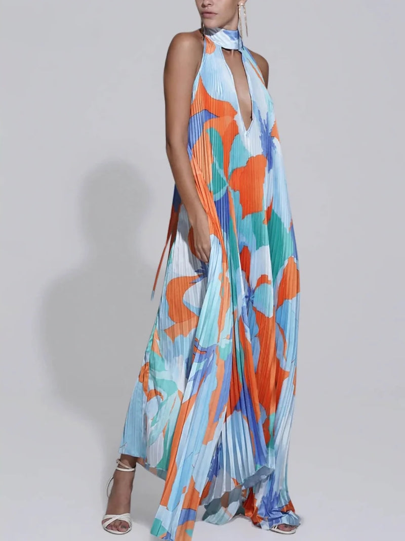 Halter Neck Deep V Pleated Flowy Maxi Dress