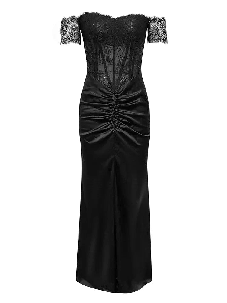 Lace Corset Off Shoulder Sweetheart Ruched Front Maxi Gown - View 7