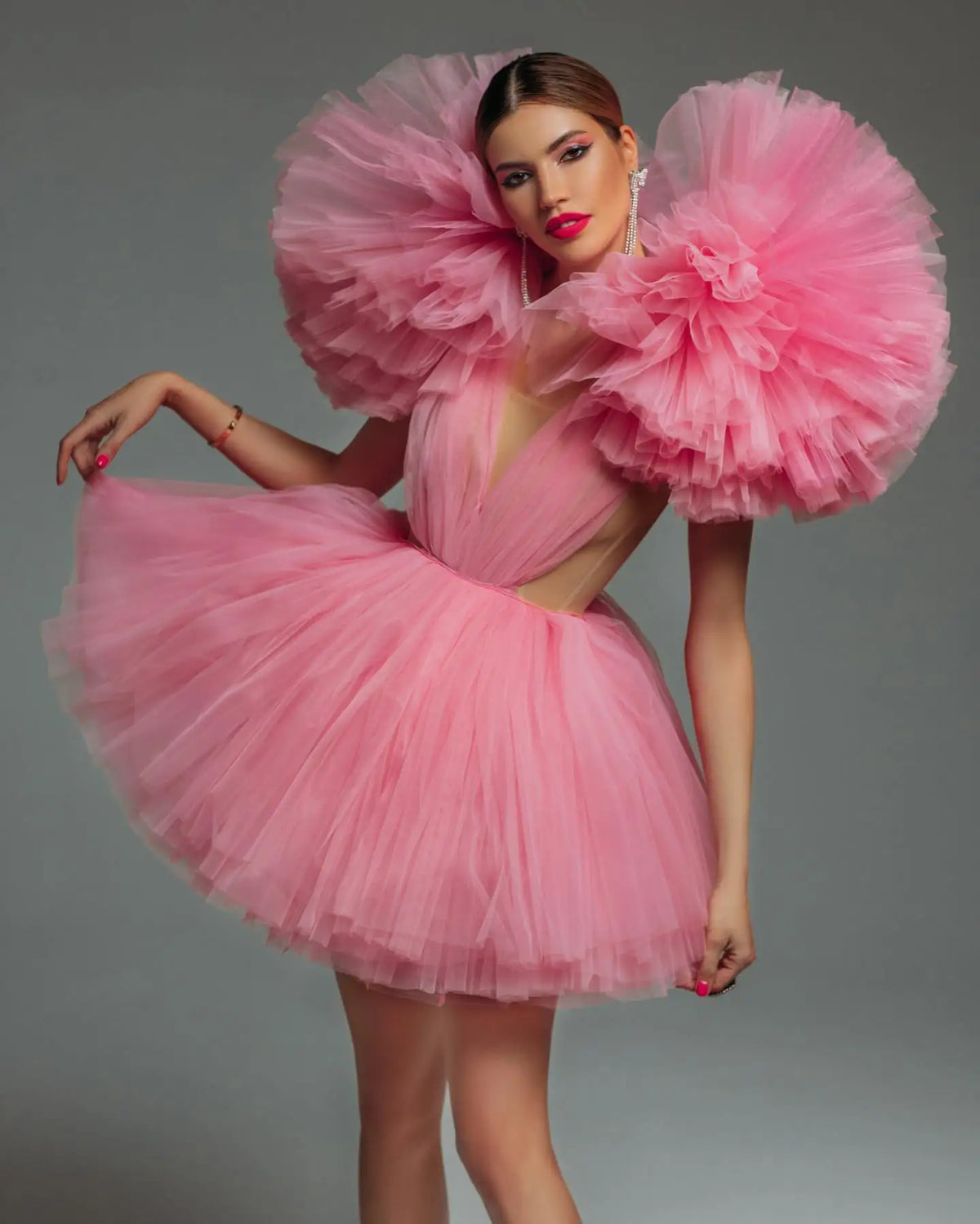 Pink Tulle Ruffled A-Line Party Dress - View 2