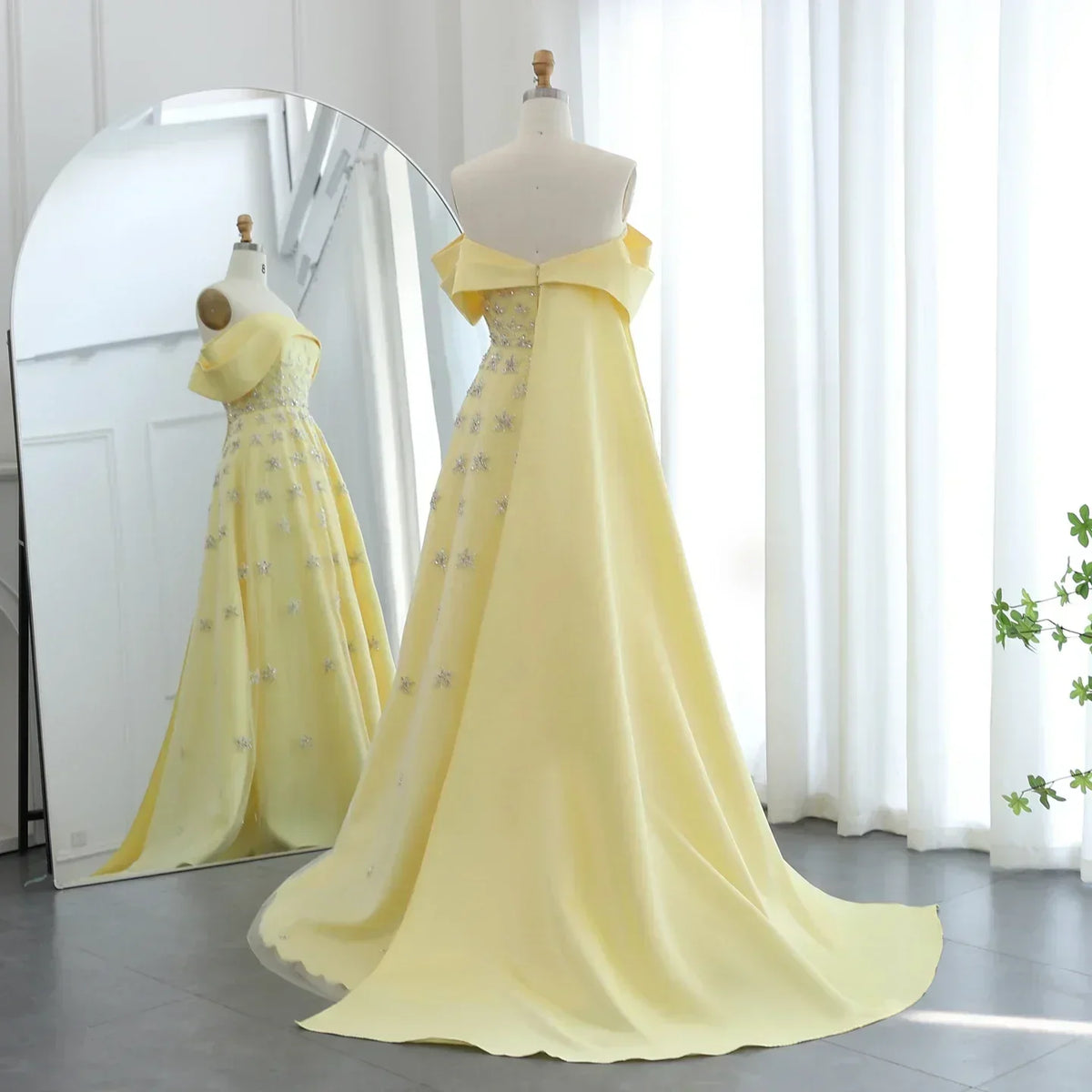 Off Shoulder Rhinestone Floral Beaded Tulle Cape A-Line Maxi Gown - View 6