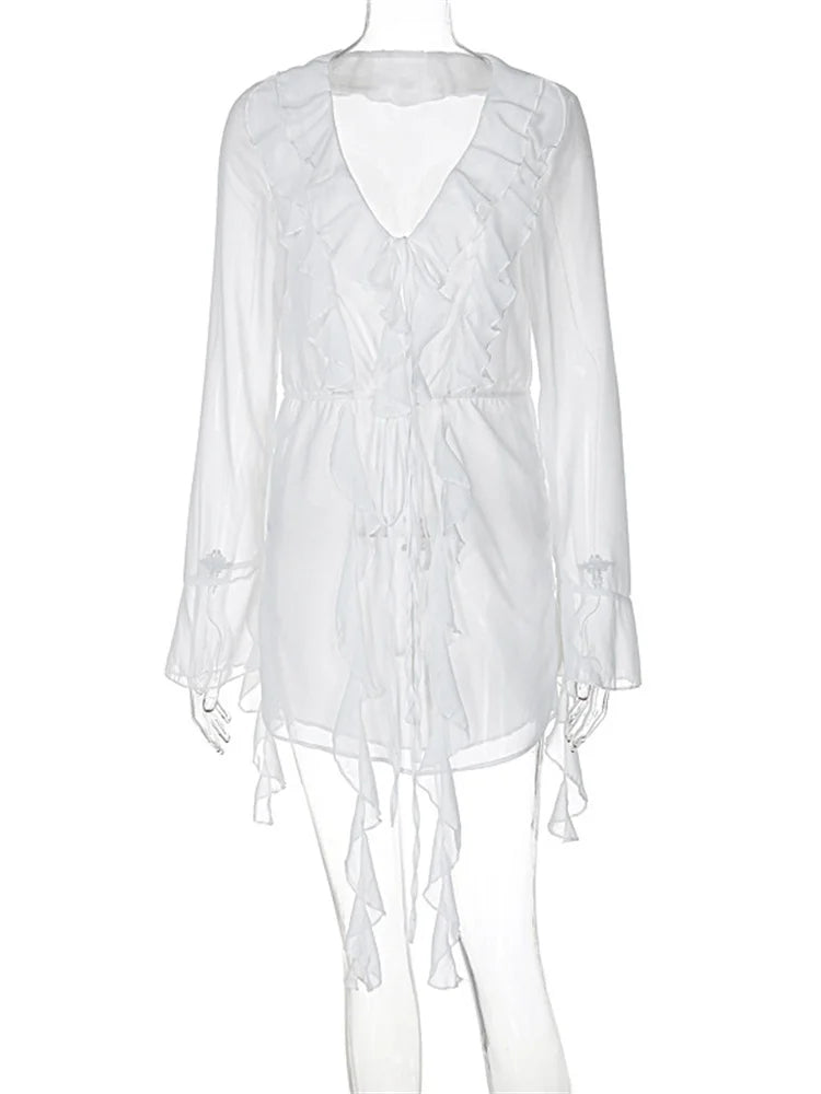 Chiffon Deep V-Neck Long Sleeve Ruffle Lace Up Mini Dress - View 6