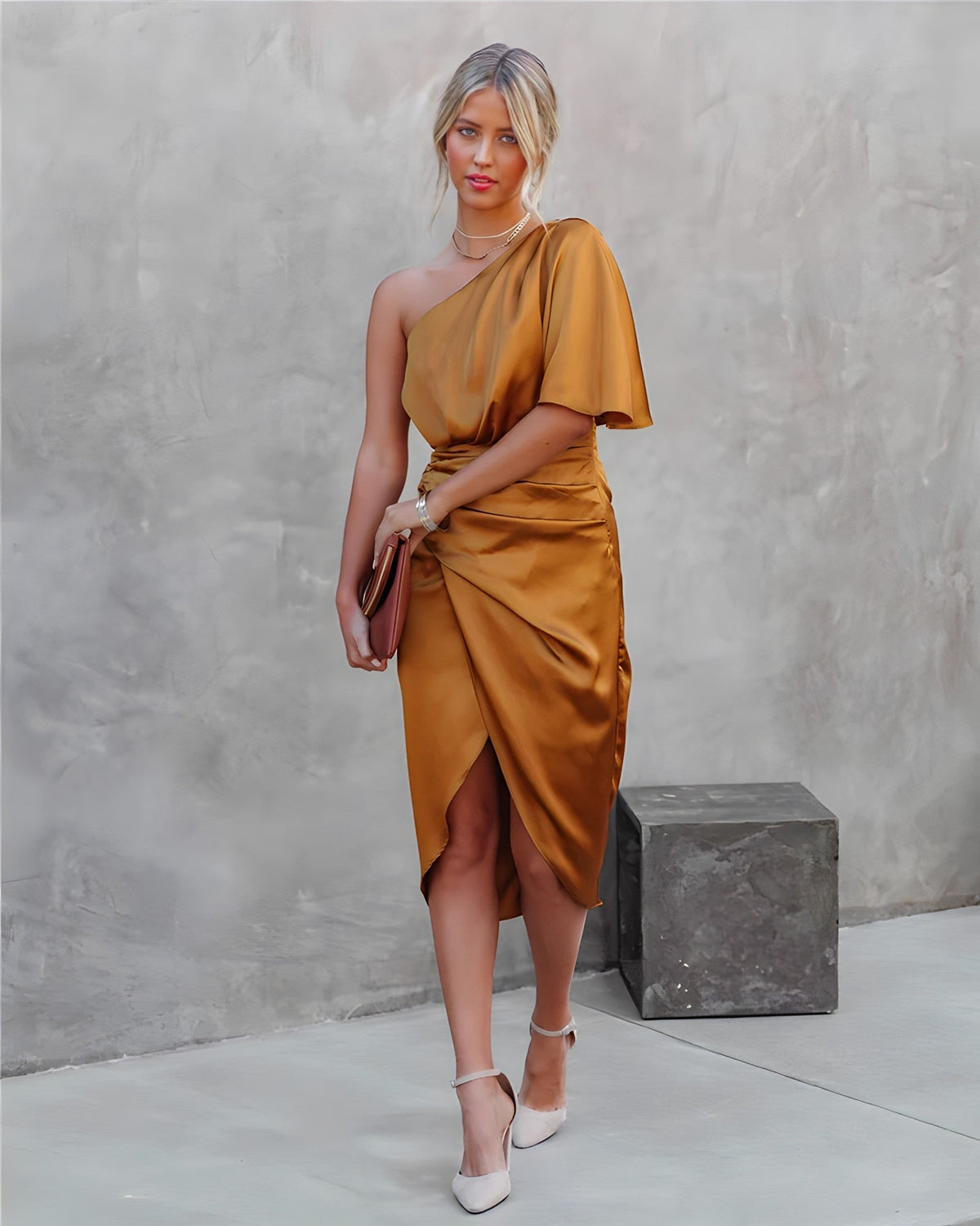 One Shoulder Draped Cape Sleeve Ruched Wrap Tulip Hem Satin Midi Dress - View 13