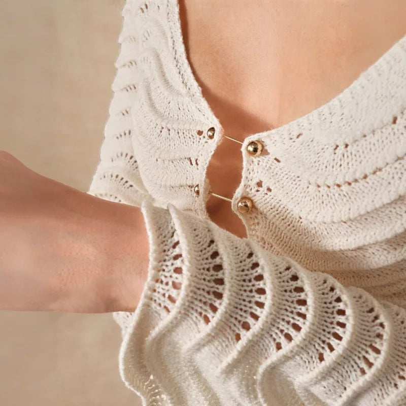 Open Knit Bell Sleeve Keyhole Metal Bar Back Tie Maxi Dress - View 13