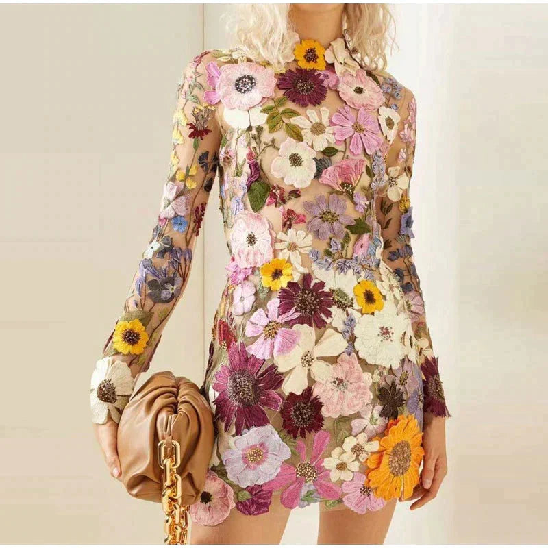Floral Embroidery Mesh Long Sleeve Mock Neck Bodycon Mini Dress - View 5
