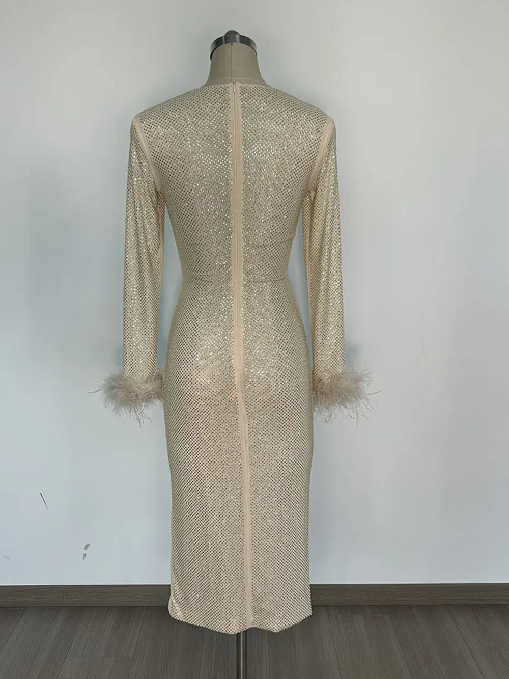 Long Sleeve Feathers Rhinestone Midi Dress - View 5
