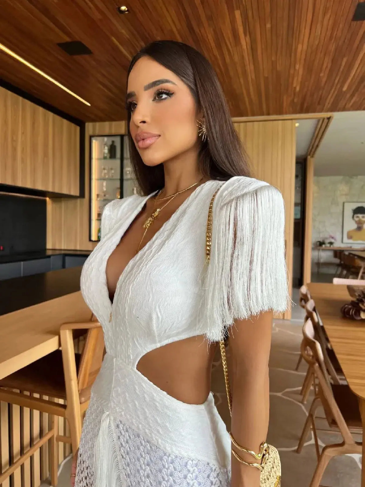 Crochet Knit Deep V-Neck Waist Cut Out Fringe High Split Maxi Dress - View 3