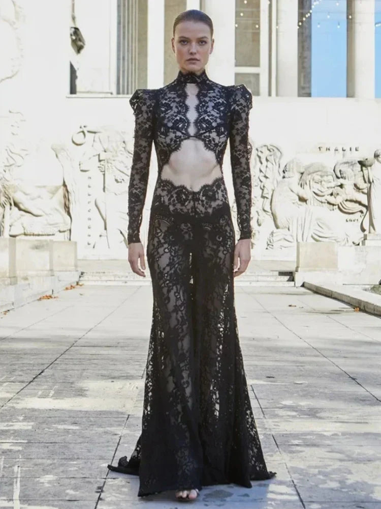 Lace Mock Neck Long Sleeve Cut Out High Split Maxi Gown - View 6