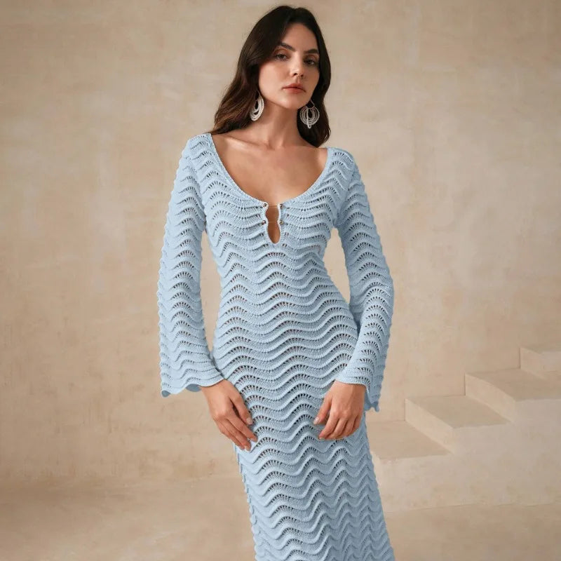 Open Knit Bell Sleeve Keyhole Metal Bar Back Tie Maxi Dress - View 7